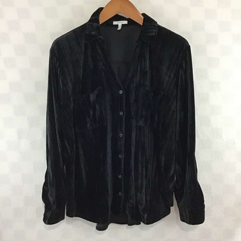 Maurices Black Crushed Velvet Button Down Shirt XL Long Roll Tab Sleeve Blouse